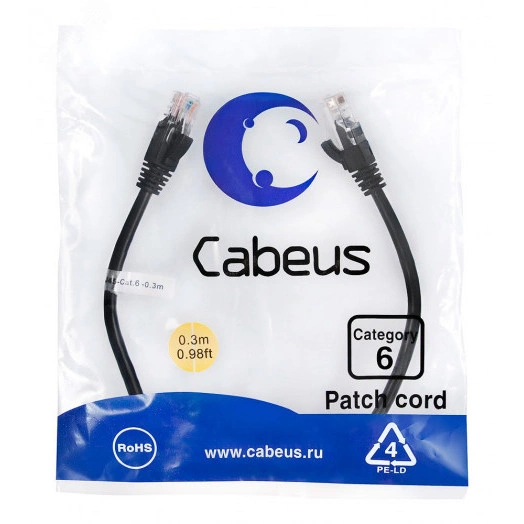 Патч-корд PC-UTP-RJ45-Cat.6-0.3m-BK U/UTP, категория 6, 2xRJ45/8p8c, неэкранированный, черный, PVC, 0.3м