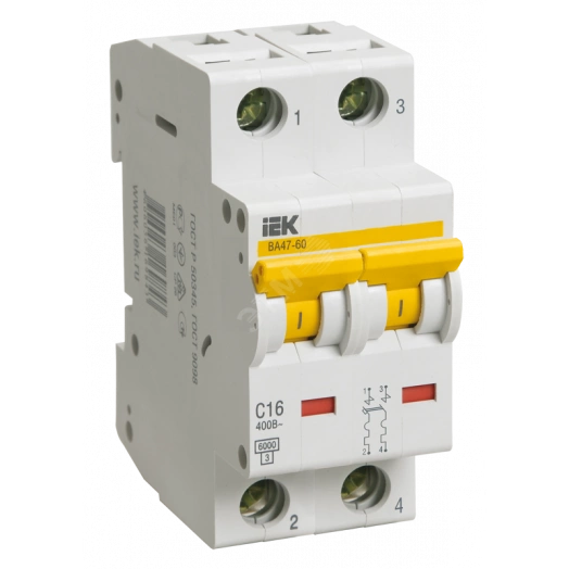 Выключатель автоматический двухполюсный 63А D ВА47-60 6кА