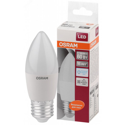 Лампа светодиодная LED 6,5Вт Е27 6500К  600лм свеча 230V FR В (замена 60Вт) OSRAM LS