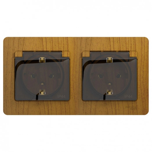 Розетка GLOSSA двойная с заземлением со шторками в сборе IP44 дуб