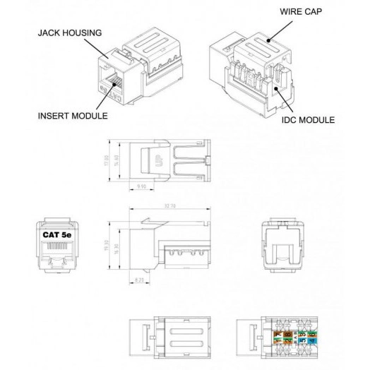 Вставка KJNE-8P8C-C5e-90-WH Keystone Jack RJ45(8P8C) кат. 5e 110 IDC зад. с помощью NE-TOOL бел. Hyperline 46653