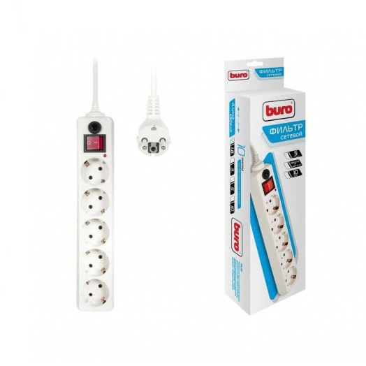Удлинитель с сетевым фильтром 5х1.8м с заземл. 10А IP20 500SH-1.8-W CCA 2200Вт бел. BURO 992284