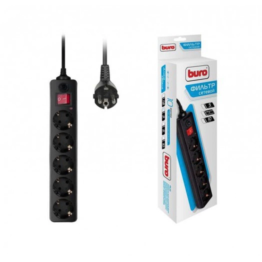 Удлинитель с сетевым фильтром 5х3м с заземл. 10А IP20 500SH-3-B CCA 2200Вт черн. BURO 992293