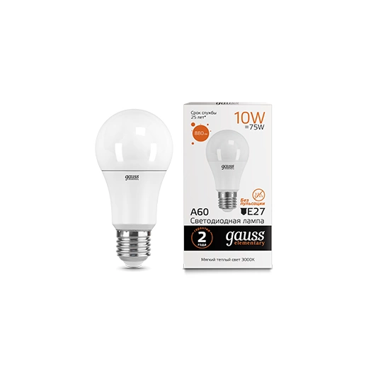 Лампа светодиодная Elementary 10Вт A60 грушевидная 3000К тепл. бел. E27 880лм GAUSS 23210
