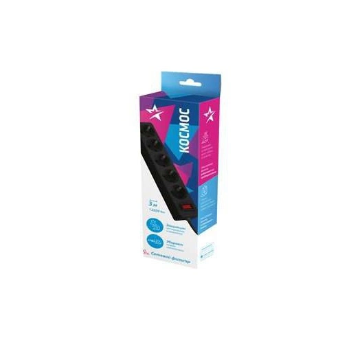 Удлинитель с сетевым фильтром 5х3м с заземл. 10А IP20 2.2кВт 3х0.75 индикатор сети черн. Космос FKsm3m-5g(B)