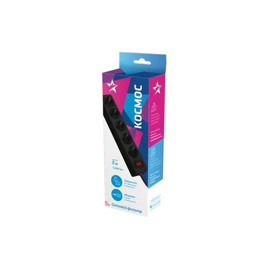 Удлинитель с сетевым фильтром 5х5м с заземл. 10А IP20 2.2кВт 3х0.75 индикатор сети черн. Космос FKsm5m-5g(B)