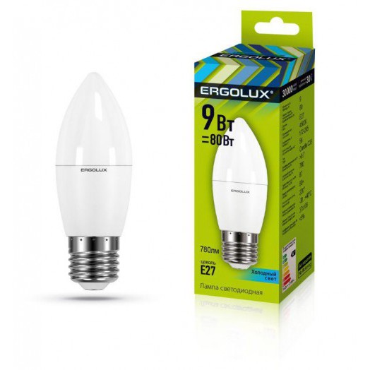 Лампа светодиодная LED-C35-9W-E27-4К 9Вт свеча 4000К нейтр. бел. E27 172-265В Ergolux 13171