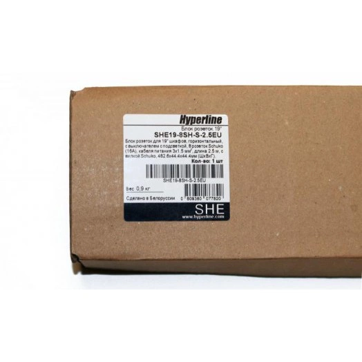 Блок розеток SHE19-8SH-S-2.5EU горизонт. 8 розеток Schuko выкл. 16А шнур 2.5м Hyperline 397034