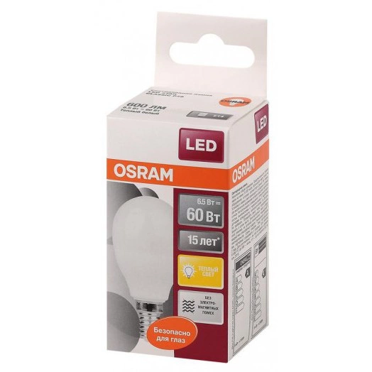 Лампа светодиодная LED Star Classic P 60 6.5W/830 6.5Вт шар матовая 3000К тепл. бел. E14 550лм 220-240В пластик. OSRAM 4058075134294