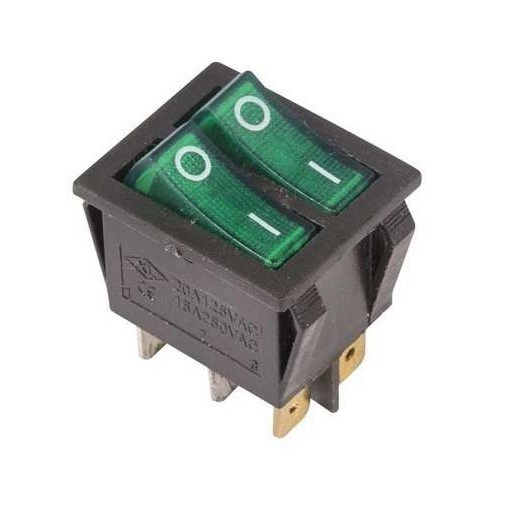 Выключатель клавишный 250В 15А (6с) ON-OFF зел. с подсветкой ДВОЙНОЙ (RWB-511 SC-797) Rexant 36-2412