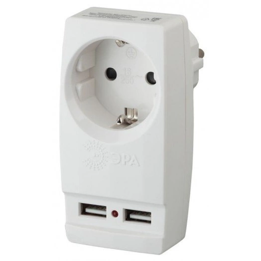 Адаптер 1-м SP-1e-USB-W "Polynom" 220В+ 2хUSB 2100мА с заземл. бел. Эра Б0026332
