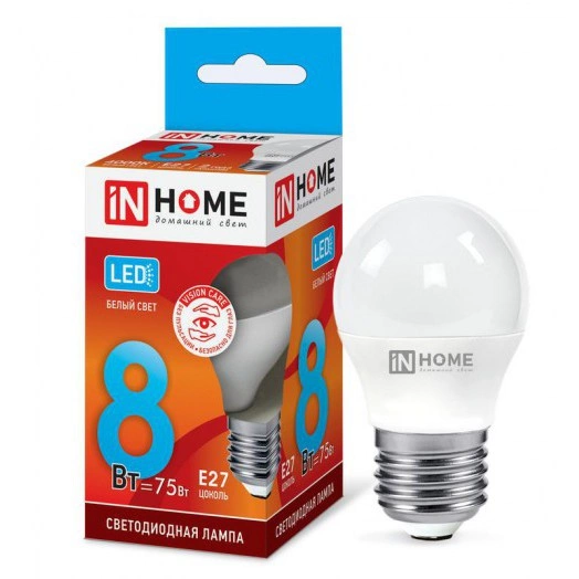 Лампа светодиодная LED-Шар-VC 8Вт шар 4000К нейтр. бел. E27 720лм 230В IN HOME 4690612020570
