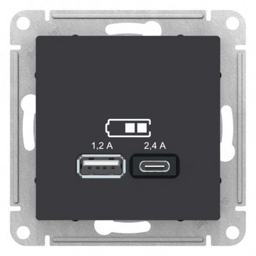 Механизм розетки USB AtlasDesign A+С 5В/2.4А 2х5В/1.2А карбон SchE ATN001039