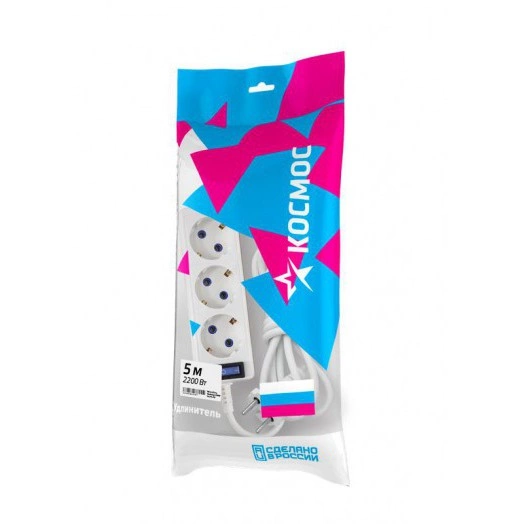 Удлинитель 3х5м с заземл. 10А IP20 с выкл. ПВС 3х0.75 Космос YKsm5m-3g-Z-V(10A)P