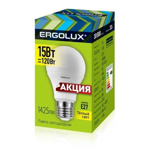 Лампа светодиодная LED-A60-15W-E27-3K ЛОН 15Вт E27 3000К 220-240В ПРОМО Ergolux 14308