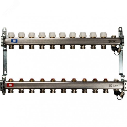 Блок коллекторный с ручными регулировочными клапанами 1' х 10 выходов 3/4' НР евроконус с воздухоотводчиком и сливом