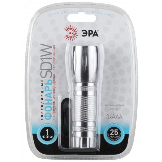 Фонарик на батарейках 3хААА карманный кемпинговый, металлический аллюминиевый корпус, ударопрочный SD1W ЭРА