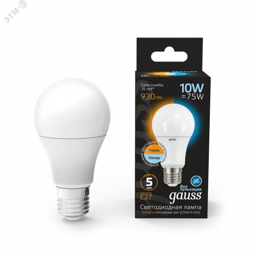 Лампа светодиодная LED 10 Вт 930 Лм 3000К-4100К E27 A60 изм.цвет.темп. Black Gauss