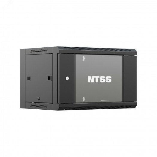 Шкаф настенный телекоммуникационный NTSS W 9U 600х600х500мм, 2 профиля 19, дверь стеклянная, боковые стенки съемные, задняя стенка, разобранный, черный RAL 9005