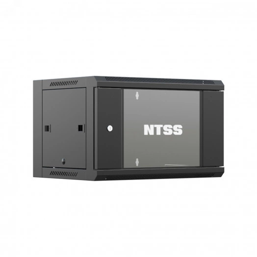 Шкаф настенный телекоммуникационный NTSS W 9U 600х600х500мм, 2 профиля 19, дверь стеклянная, боковые стенки съемные, задняя стенка, разобранный, черный RAL 9005