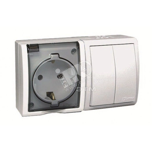 Simon15 Aqua Блок розетка с заземлением 16А 250В + выключатель двойной 10А 250В IP54 белый