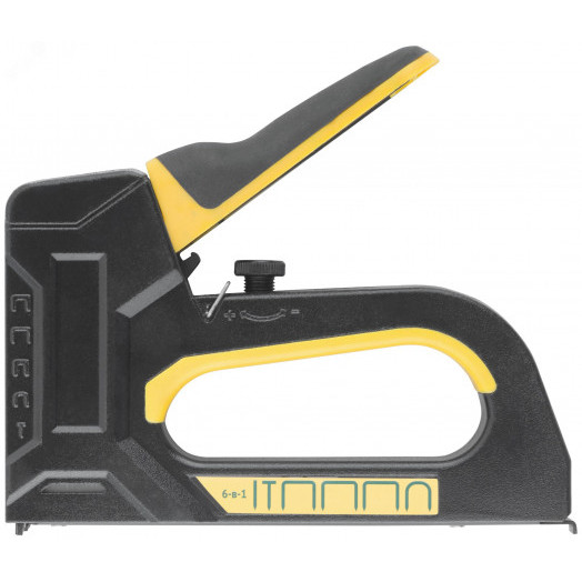 Степлер 6-в-1 для скоб ''тип 53'',''тип 53F'', ''тип 140'', ''тип 28'', ''тип 300'', ''тип 500'' , 4-14 мм, с регулировкой силы удара, рессорный механизм, алюминиевый корпус, прорезиненная ручка