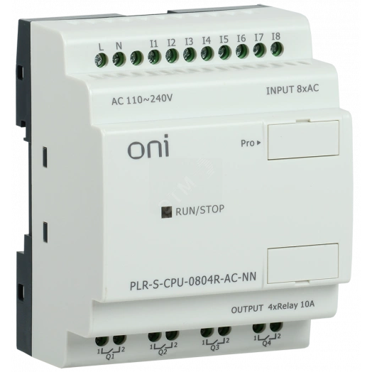 Программируемое логическое реле ONI. Не расширяемая версия. Без встроенного экрана. 8 дискретных входов, 4 релейных выхода. Напряжение питания 220В AC