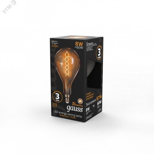 Лампа светодиодная LED 8 Вт 620 Лм 2400К теплая Е27 А160 golden flexible Filament Gauss