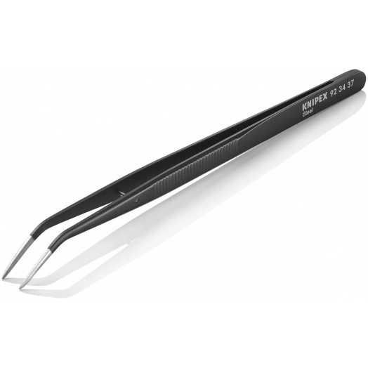 Пинцет захватный прецизионный с направляющим штифтом тонкие зазубренные губки под 45° L-155 мм пружинная сталь чёрная матовая лакировка KN-923437