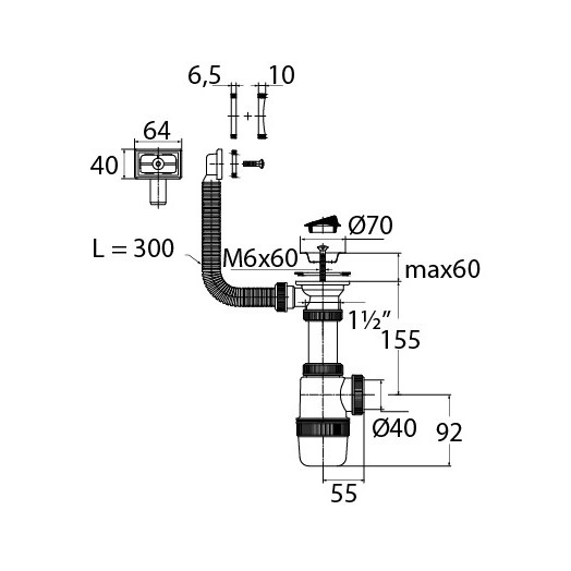 Сифон ЭЛИТ для моек и раковин 1'1/2 x 40 мм с нержавеющей чашкой 70 мм и переливом