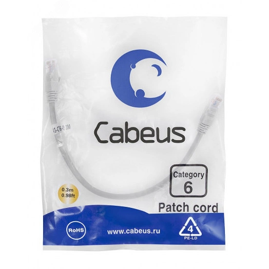 Патч-корд PC-UTP-RJ45-Cat.6-0.3m U/UTP, категория 6, 2xRJ45/8p8c, неэкранированный, серый, PVC, 0.3м