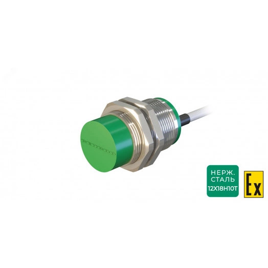 Датчик индуктивный взрывобезопасный ДВИ-М30-49В-2130-Х.2 Расстояние срабатывания Sn: 15 мм Частота переключения: 200 Гц Материал корпуса: Нержавеющая сталь Диаметром 30 мм IP67 Кабель 2 м со штуцером (ПВС ХЛ 2х0,35 мм2)