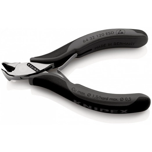 Кусачки торцевые ESD для электроники антистатические режущие кромки с маленькой фаской под 15° с пружиной рез: мягкая проволока  15 мм проволока средней твёрдости  1 мм твёрдая проволока  05 мм L-120 мм зеркальная полировка двукомпонентные рукоя