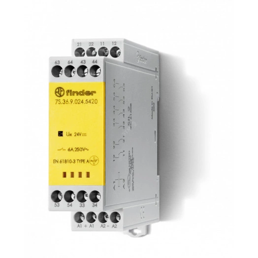 Модульное электромеханическое реле безопасности (реле с принудительным управлением контактами), 4NO+2NC 6A, контакты AgNi+Au, катушка 230В AC, винтовые клеммы, ширина 22.5мм, степень защиты IP54