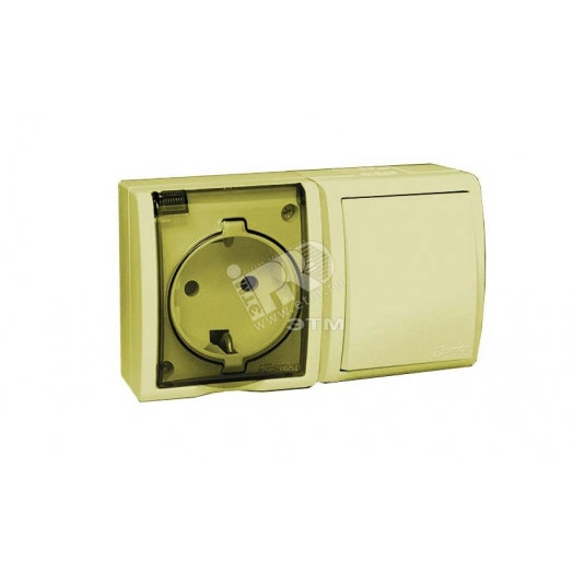 Simon15 Aqua Блок розетка с заземлением 16А 250В + выключатель проходной 10А 250В IP54 слоновая кость