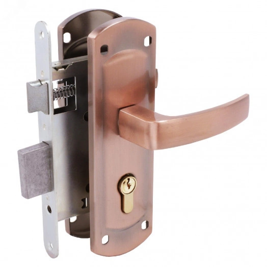 Замок врезной цилиндровый с ручками для деревянных дверей АЛЛЮР ЗВ 55 AC старая медь