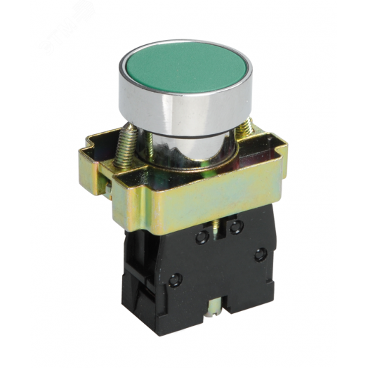 Выключатель кнопочный LAY5-BA31, зелёный, 1НО, цилиндр, хром, без подсветки, d22мм  (ЭТ)