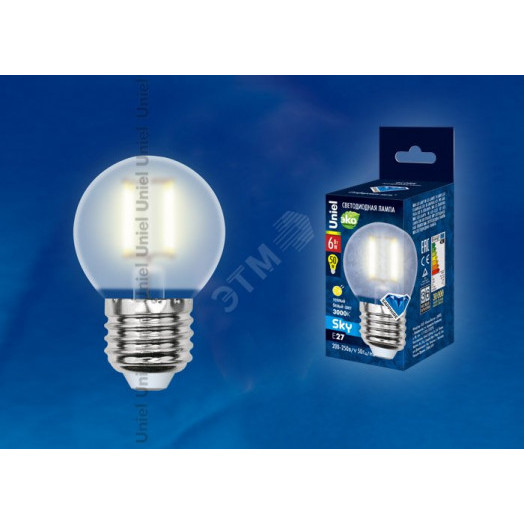 Лампа светодиодная LED 6вт 200-250В шар матовое 500Лм Е27 3000К Uniel Sky филамент