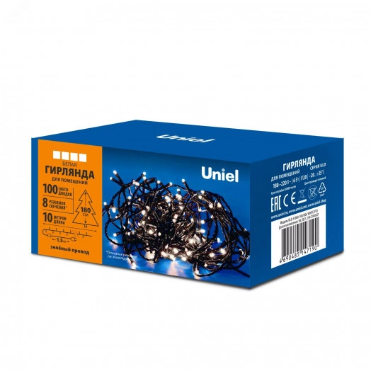 Гирлянда светодиодная 10м ULD-S1000-100/DGA WHITE IP20 100 светодиодов Белый свет Провод зеленый