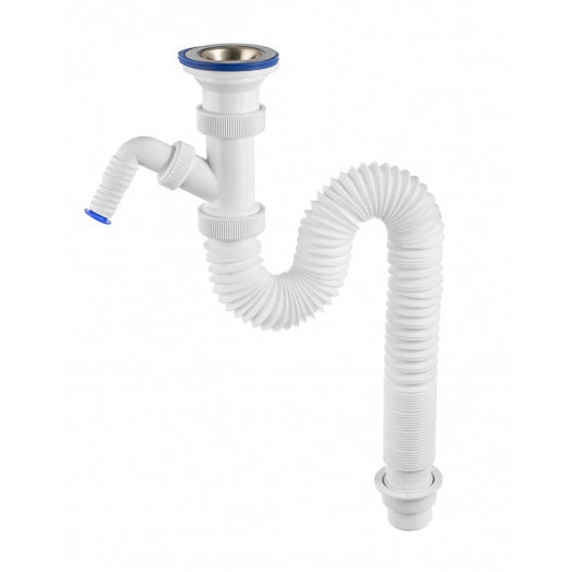 Сифон ЭЛИТ гофрированный с отводом для стиральной или посудомоечной машины и c нержавеющей чашкой D70 мм L800 мм 1'1/2 - D40/50
