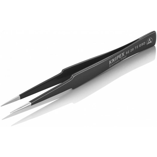 Пинцет ESD захватный прецизионный гладкие губки американской формы длинные кончики антистатический L-135 мм нержавеющая хромоникелевая сталь хромированный KN-922872ESD