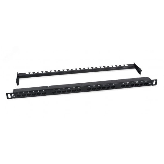 Патч-панель PLHD-24-Cat.6-Dual-180-0,5U высокой плотности 19' (0,5U), 24 порта RJ-45, категория 6, Dual IDC,180 градусов, с задним кабельным организатором