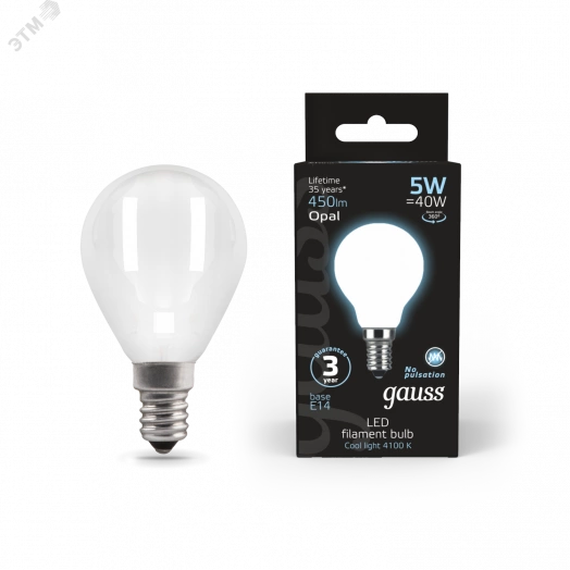 Лампа светодиодная LED 5 Вт 450 Лм 4100К белая Е14 Шар milky Filament Gauss