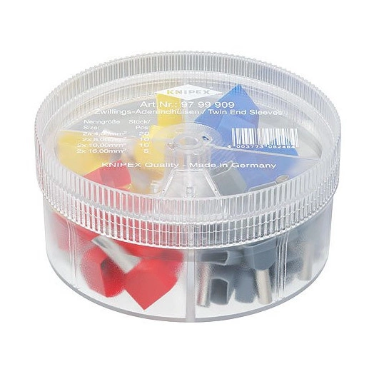 Набор сдвоенных изолированныеованных контактных гильз в коробке 2x40 мм (AWG 2x11) 20 шт 2x60 мм (AWG 2x10) 10 шт 2x100 мм (AWG 2x7) 10 шт 2x160 мм (AWG 2x5) 5 шт KN-9799909