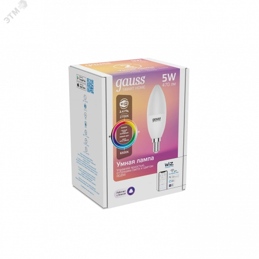 Лампа светодиодная умная LED 5 Вт 470 Лм 2700-6500К Е14 свеча RGBW +изм.цвет.темп.+диммирование управление по Wi-Fi Smart Home Gauss