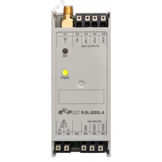 Радио модуль дискретных и аналоговых входов, DALI  R-DL-0203L-A: RFox2, 2x AI / DI, 3x DALI, радио тип A