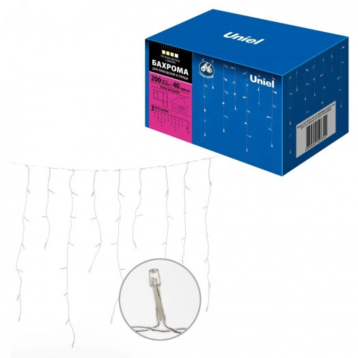 Бахрома светодиодная с эффектом мерцания 3м Соединяемая 200 светодиодов Теплый белый и белый свет Провод прозрачный