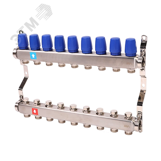 Коллекторная группа с ручными регулировочными клапанами 1' х 9 выходов 3/4' НР евроконус