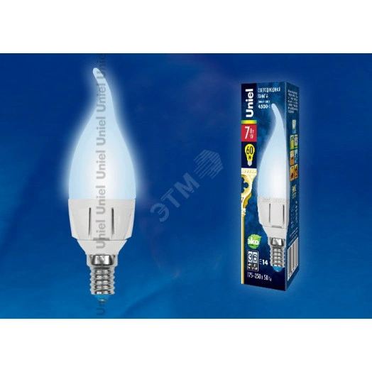 Лампа светодиодная LED 7вт 175-250В свеча на ветру матовая 600Лм Е14 4000К Uniel ЯРКАЯ