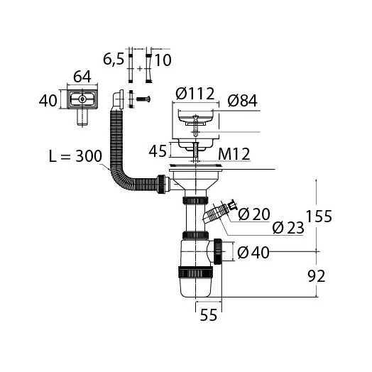 Сифон ЭЛИТ с нержавеющей чашкой D114 мм отводом для стиральной или посудомоечной машины и с переливом 3'1/2 - D40